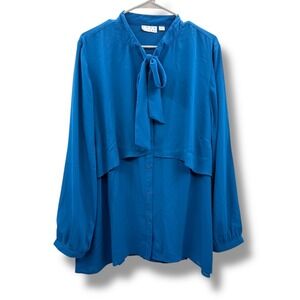 Joan Rivers Bow Neck Blouse Women's XL Blue Button Front Long Sleeve Work